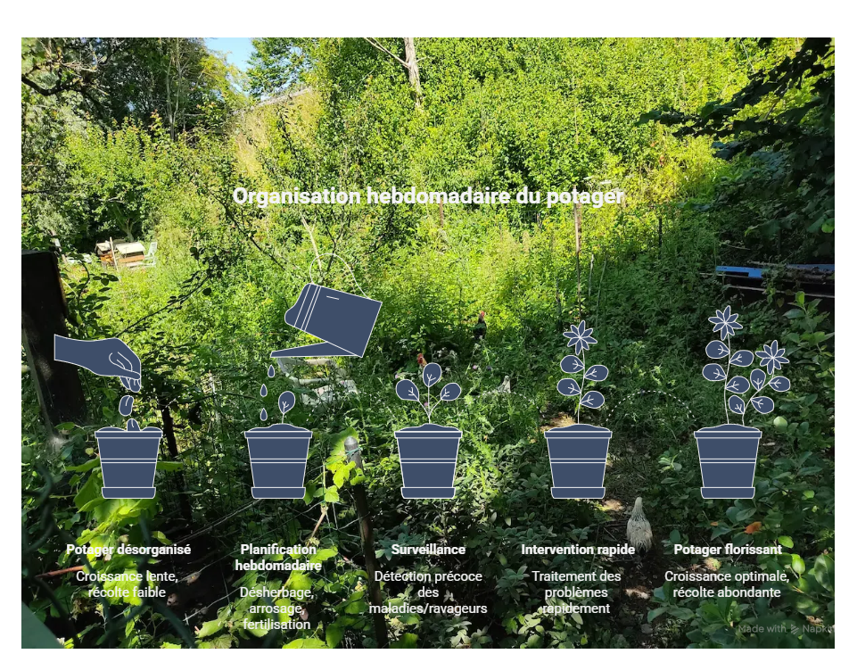 Organisation hebdomadaire de l’entretien du potager, de la planification et la surveillance jusqu’à un potager équilibré et productif