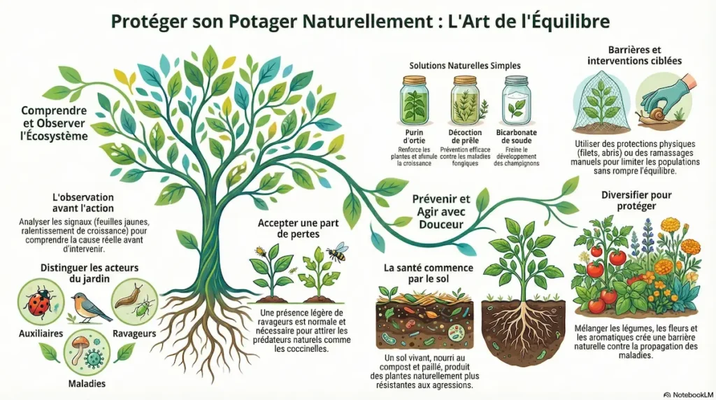 Infographie expliquant comment protéger son potager naturellement grâce à l’observation, la santé du sol, les auxiliaires et des solutions douces comme le purin d’ortie.